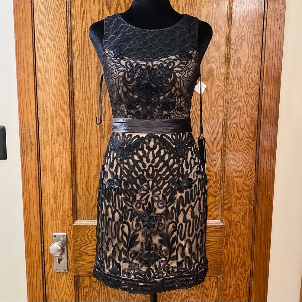 Sue Wong Black and Nude Embroidered Ribbon Cocktail Dress LBD